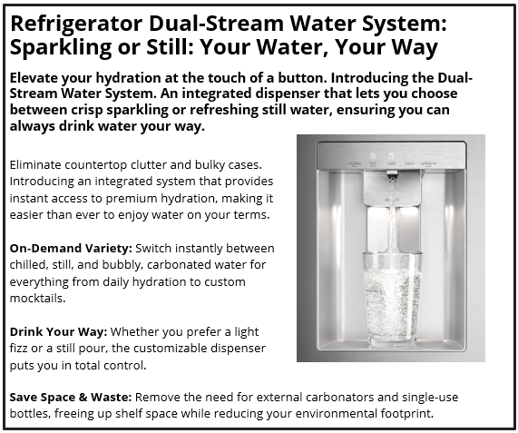 Refrigerator Dual-Stream Water System: Sparkling or Still: Your Water, Your Way